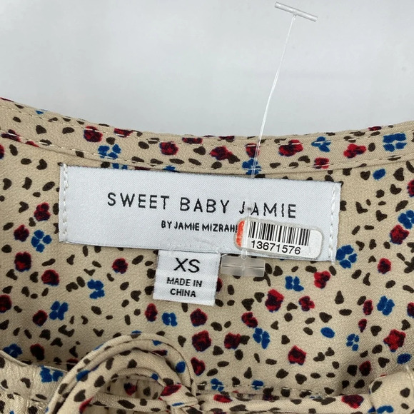 Sweet Baby Jamie Ditsy Shirt Dress Women Size XS Tan Blue Speckled Tiered Ruched - Picture 7 of 13